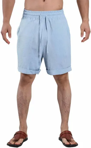 Cotton Linen Shorts for Men Knee Length Elastic Waist Drawstring Lightweight Breathable Casual Lounge Shorts