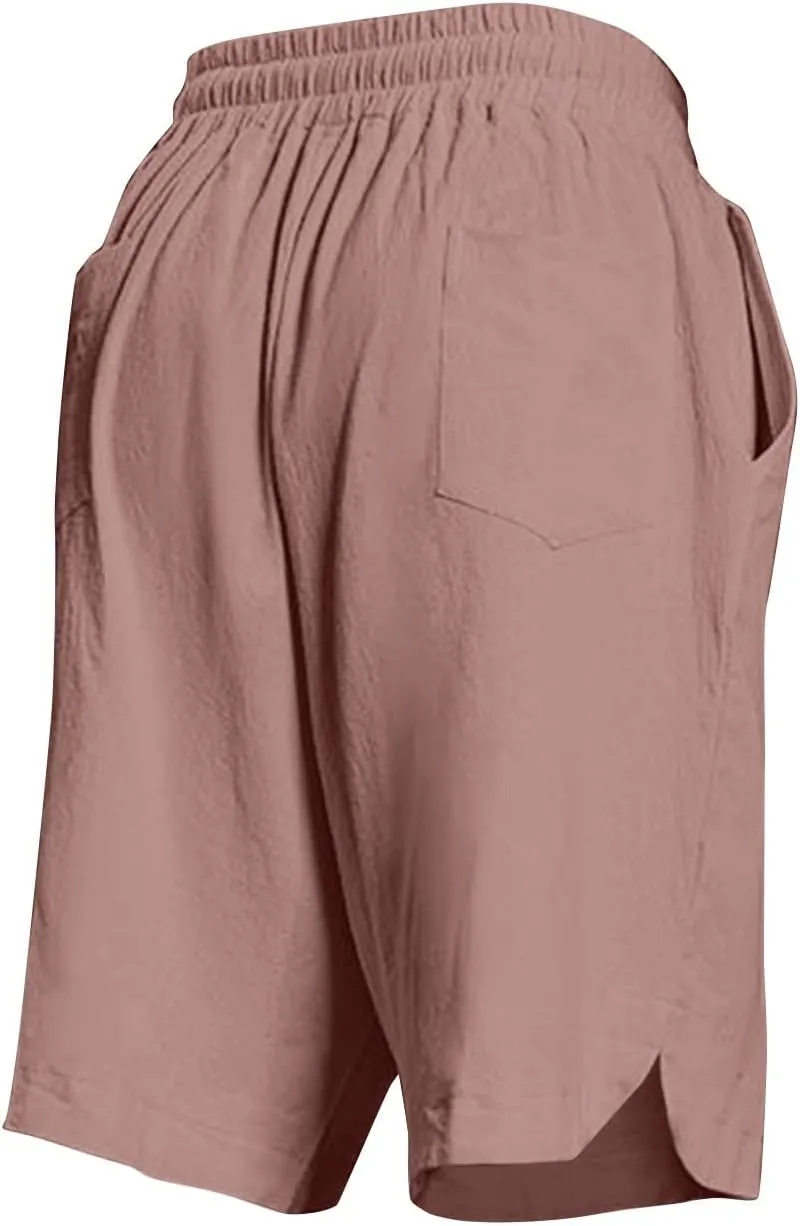 Cotton Linen Shorts for Men Knee Length Lightweight Breathable Elastic Waist Drawstring Casual Lounge Shorts