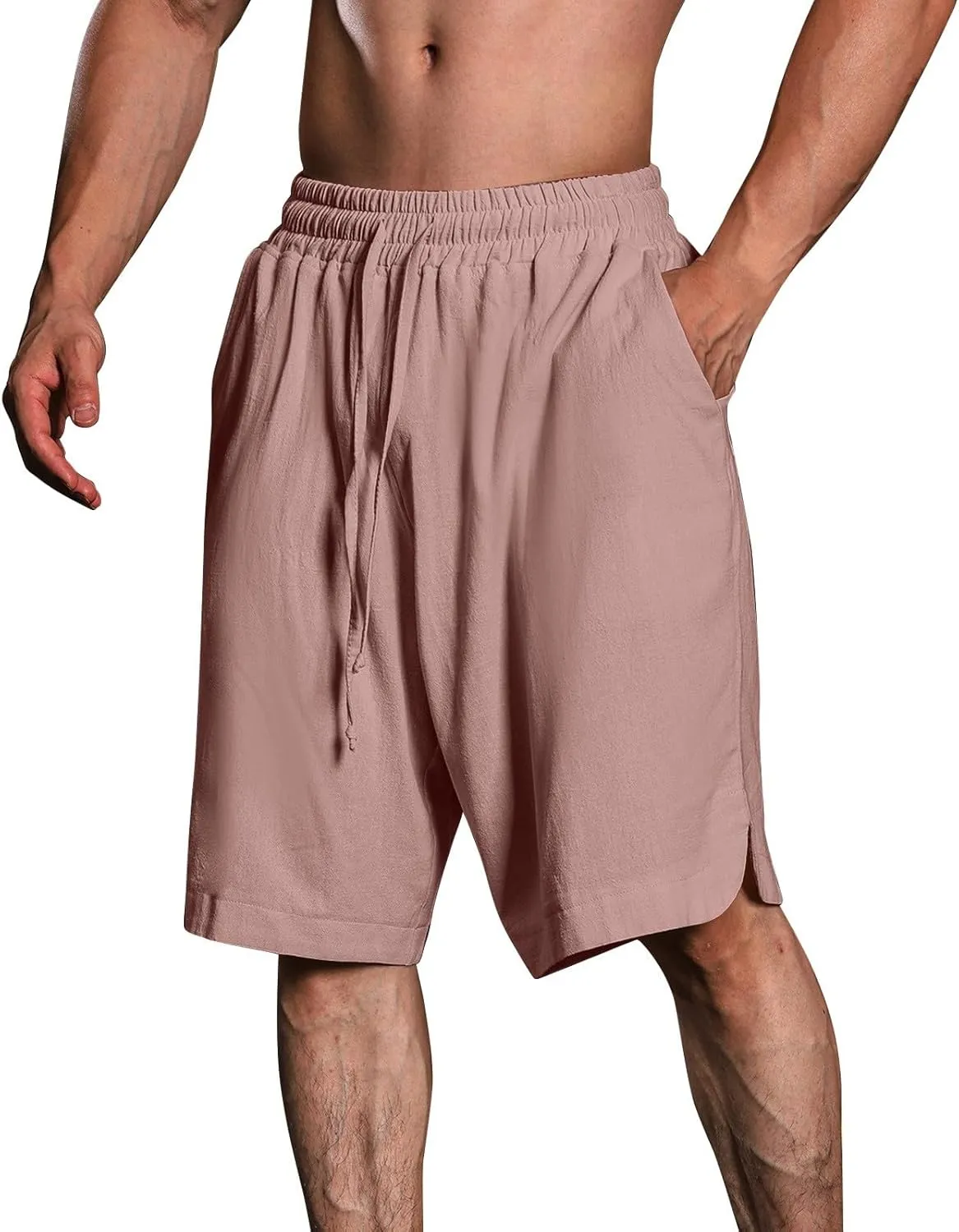 Cotton Linen Shorts for Men Knee Length Lightweight Breathable Elastic Waist Drawstring Casual Lounge Shorts