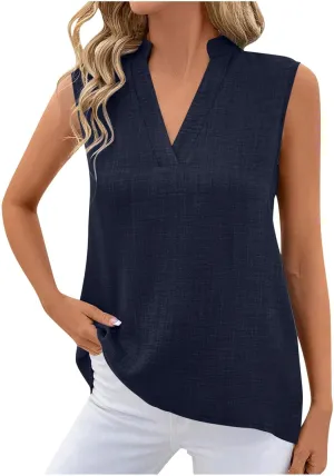 Cotton Linen Tank Tops for Women V Neck Sleeveless T-Shirts Fashion Loose Casual Tunic Summer Basic Blouses for Work