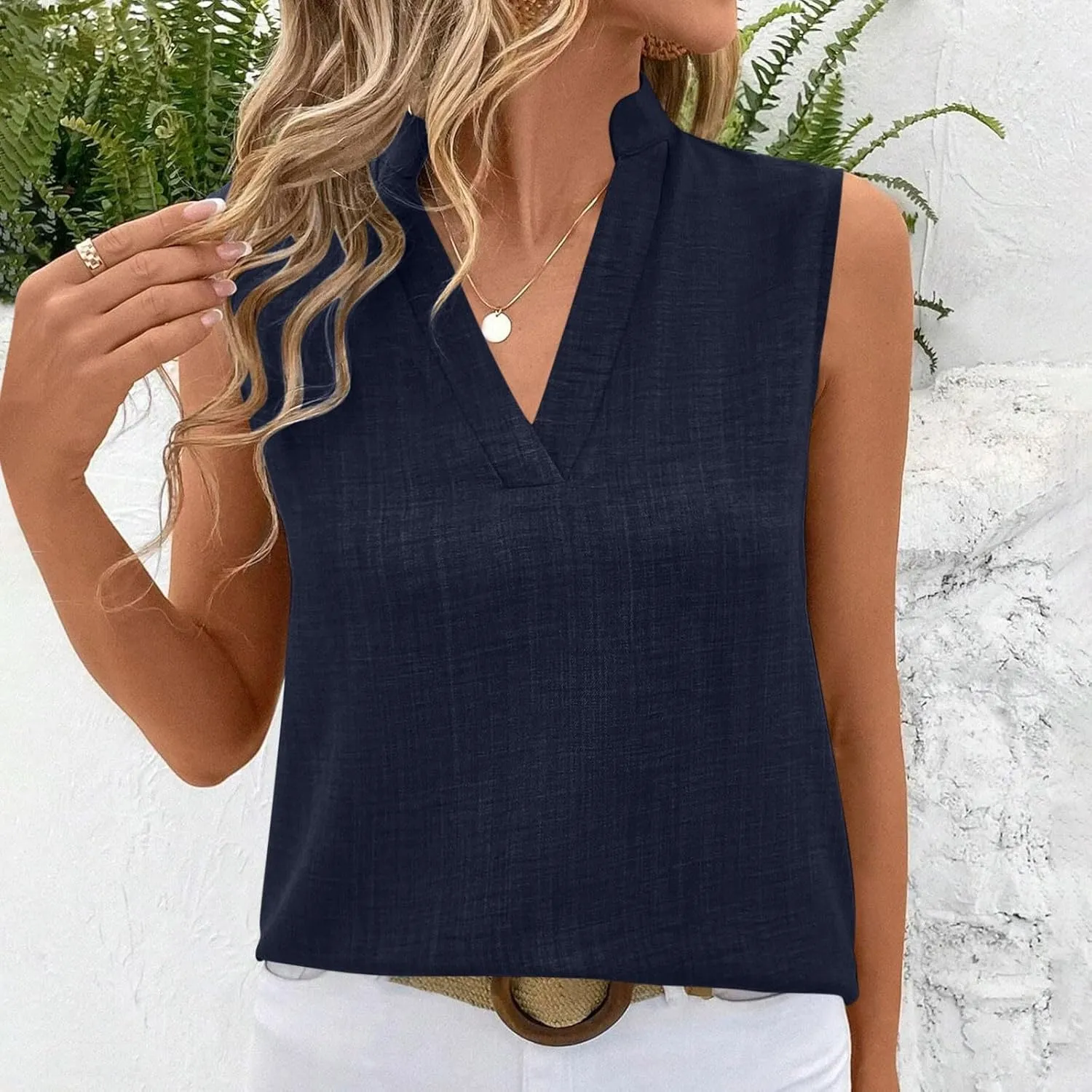 Cotton Linen Tank Tops for Women V Neck Sleeveless T-Shirts Fashion Loose Casual Tunic Summer Basic Blouses for Work