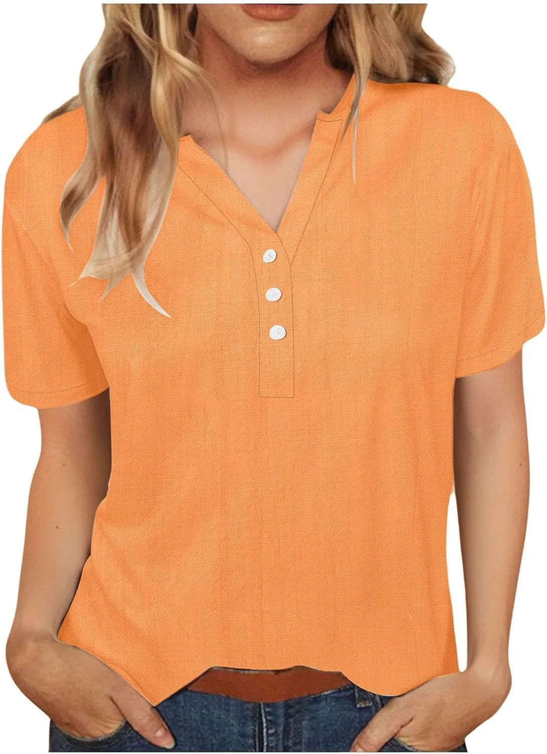 Cotton Linen Tops for Women Loose Fit V Neck Button Down Henley Shirts Summer Short Sleeve Blouse Beach Tee Shirt
