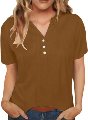Cotton Linen Tops for Women Loose Fit V Neck Button Down Henley Shirts Summer Short Sleeve Blouse Beach Tee Shirt