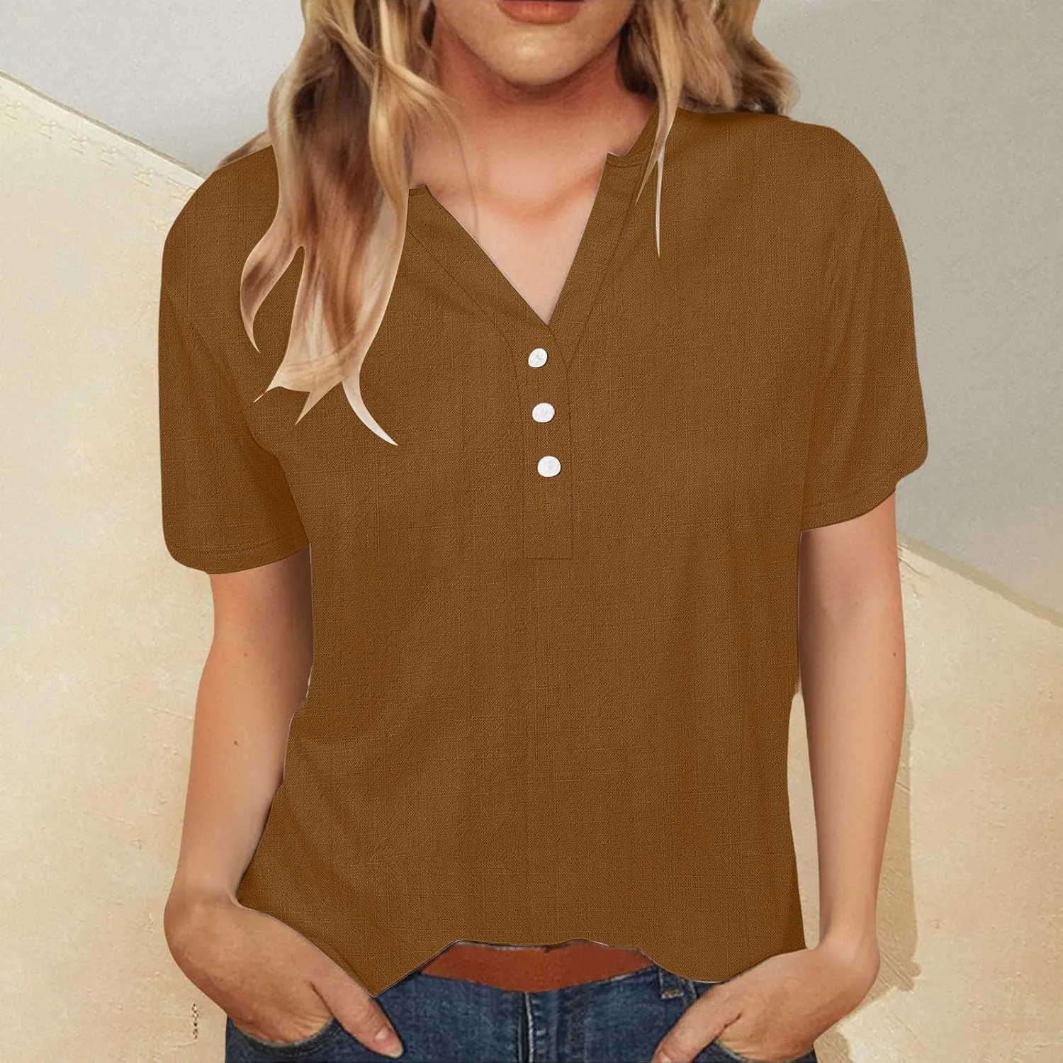 Cotton Linen Tops for Women Loose Fit V Neck Button Down Henley Shirts Summer Short Sleeve Blouse Beach Tee Shirt