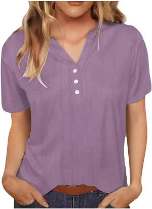Cotton Linen Tops for Women Loose Fit V Neck Button Down Henley Shirts Summer Short Sleeve Blouse Beach Tee Shirt