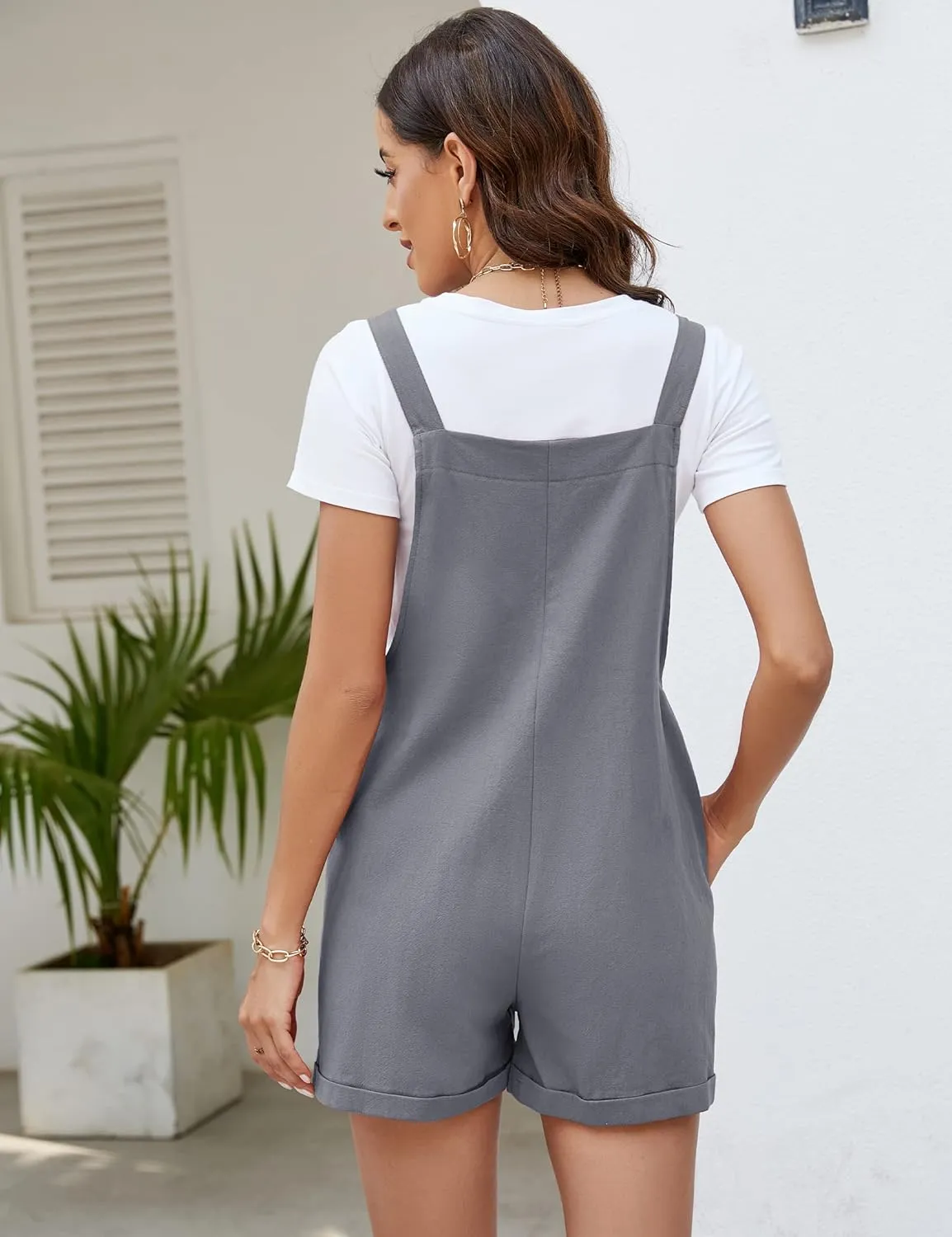 COZYPOIN Women's Casual Overalls Summer Shorts Cotton Linen Jumpsuits Rompers with Pockets
