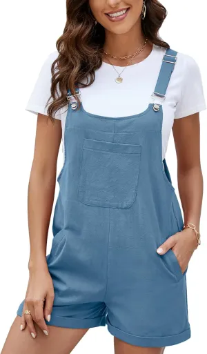 COZYPOIN Women's Casual Overalls Summer Shorts Cotton Linen Jumpsuits Rompers with Pockets(Blue-M)