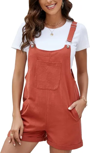 COZYPOIN Women's Casual Overalls Summer Shorts Cotton Linen Jumpsuits Rompers with Pockets(Red-L)