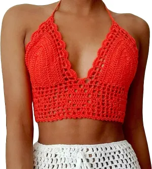 Crochet Halter Tops for Women Backless Camisole Knit Bra Tops Bralette Summer Beachwear