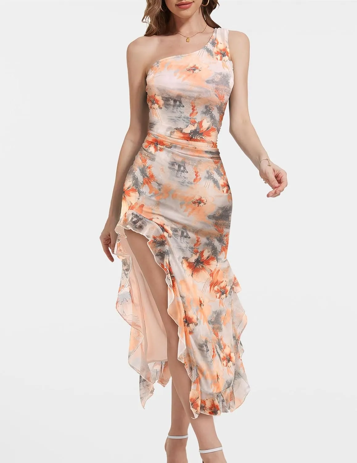 DRESSTELLS Women's Summer Maxi Bodycon Floral Tie Dye Mesh Wedding Guest Club Party Long Split Dresses 2025