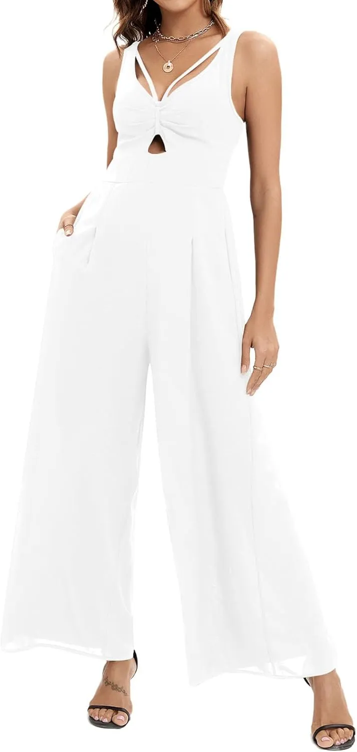 Dressy Wide Leg Jumpsuits for Women High Waist Smocked V Neck Cutout Rompers Sleeveless Spaghetti Strap Overalls