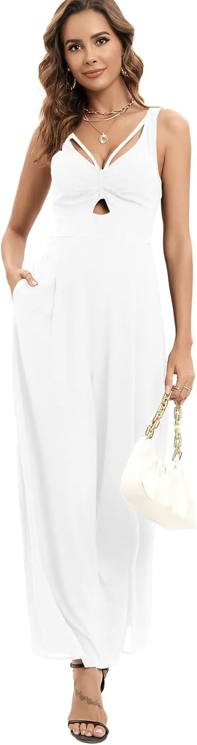 Dressy Wide Leg Jumpsuits for Women High Waist Smocked V Neck Cutout Rompers Sleeveless Spaghetti Strap Overalls