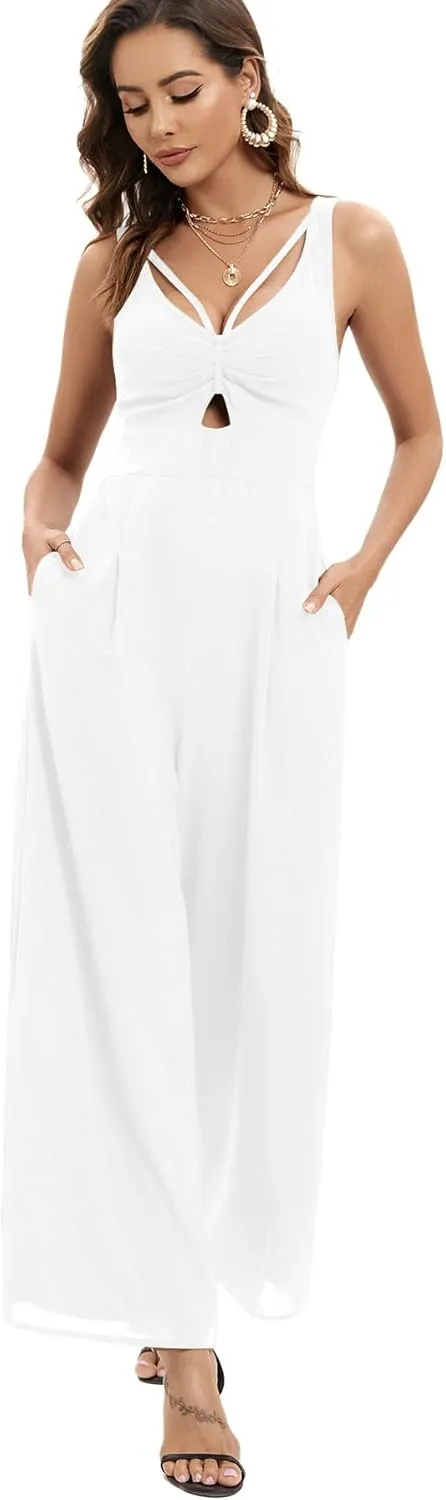 Dressy Wide Leg Jumpsuits for Women High Waist Smocked V Neck Cutout Rompers Sleeveless Spaghetti Strap Overalls