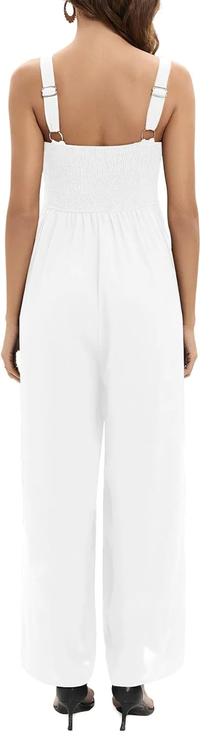 Dressy Wide Leg Jumpsuits for Women High Waist Smocked V Neck Cutout Rompers Sleeveless Spaghetti Strap Overalls