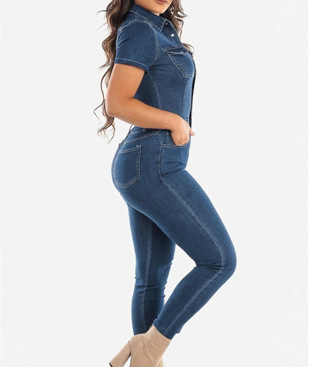 ECDAHICC Womens Sexy Short Sleeve Night Club Denim Jumpsuits Rompers Mini Shorts One Piece Stretchy Rompers with Pocket