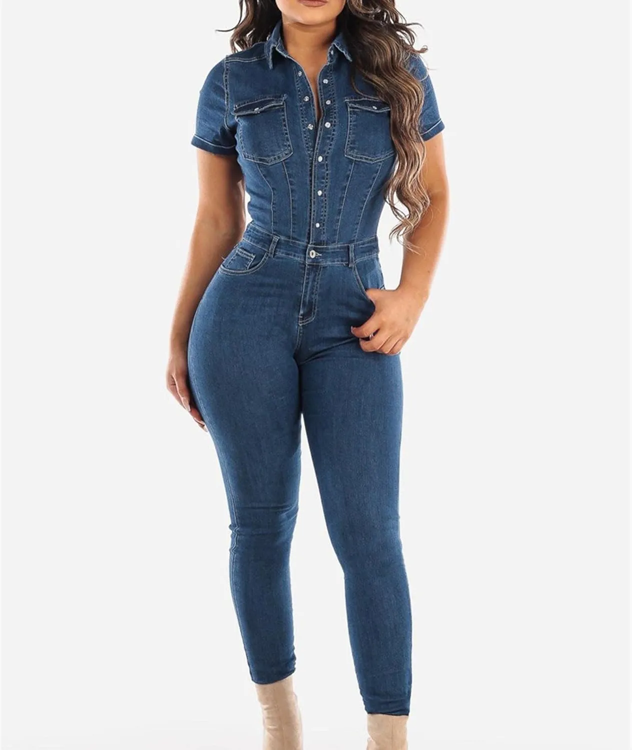ECDAHICC Womens Sexy Short Sleeve Night Club Denim Jumpsuits Rompers Mini Shorts One Piece Stretchy Rompers with Pocket