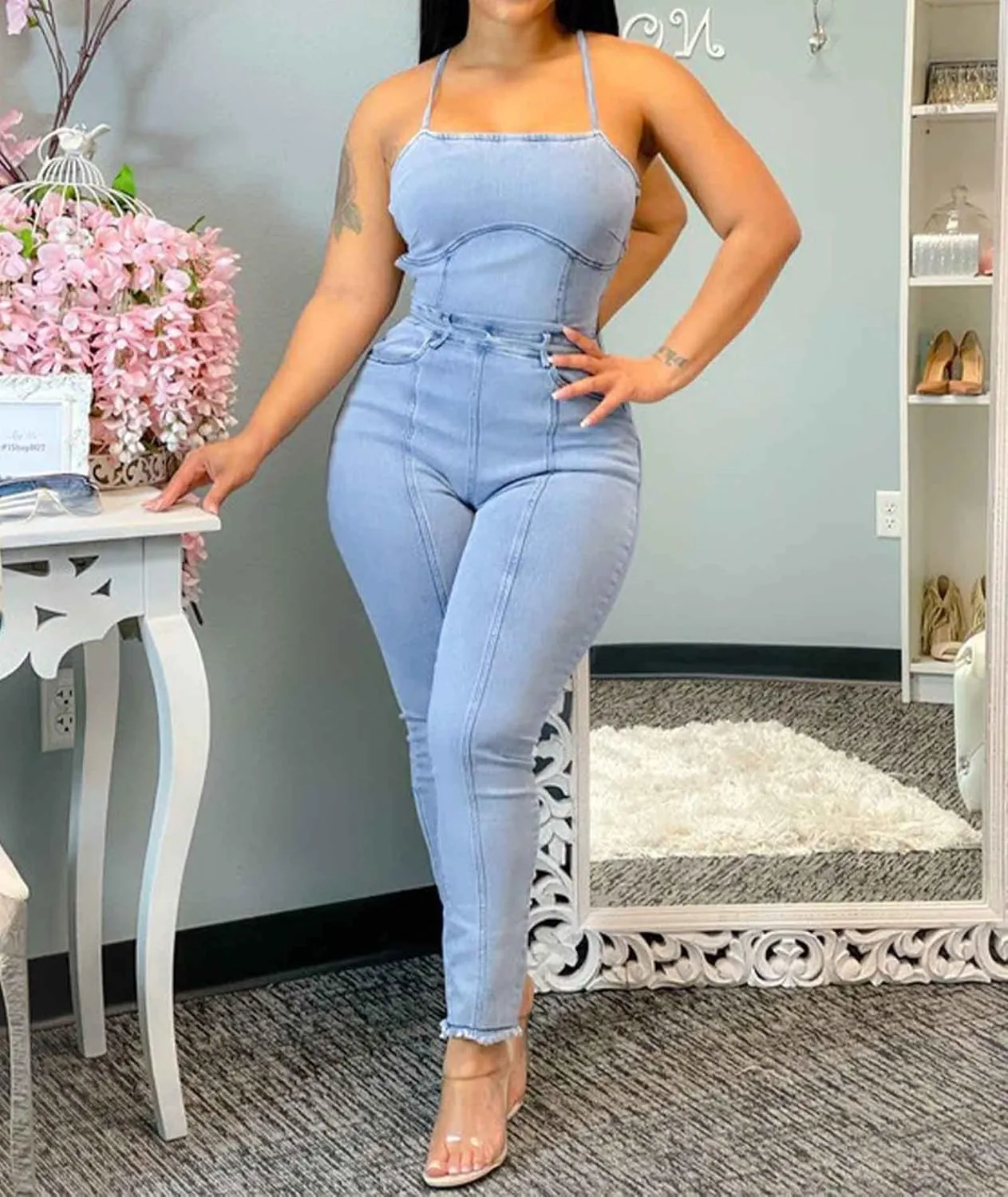 ECDAHICC Womens Sexy Short Sleeve Night Club Denim Jumpsuits Rompers Mini Shorts One Piece Stretchy Rompers with Pocket