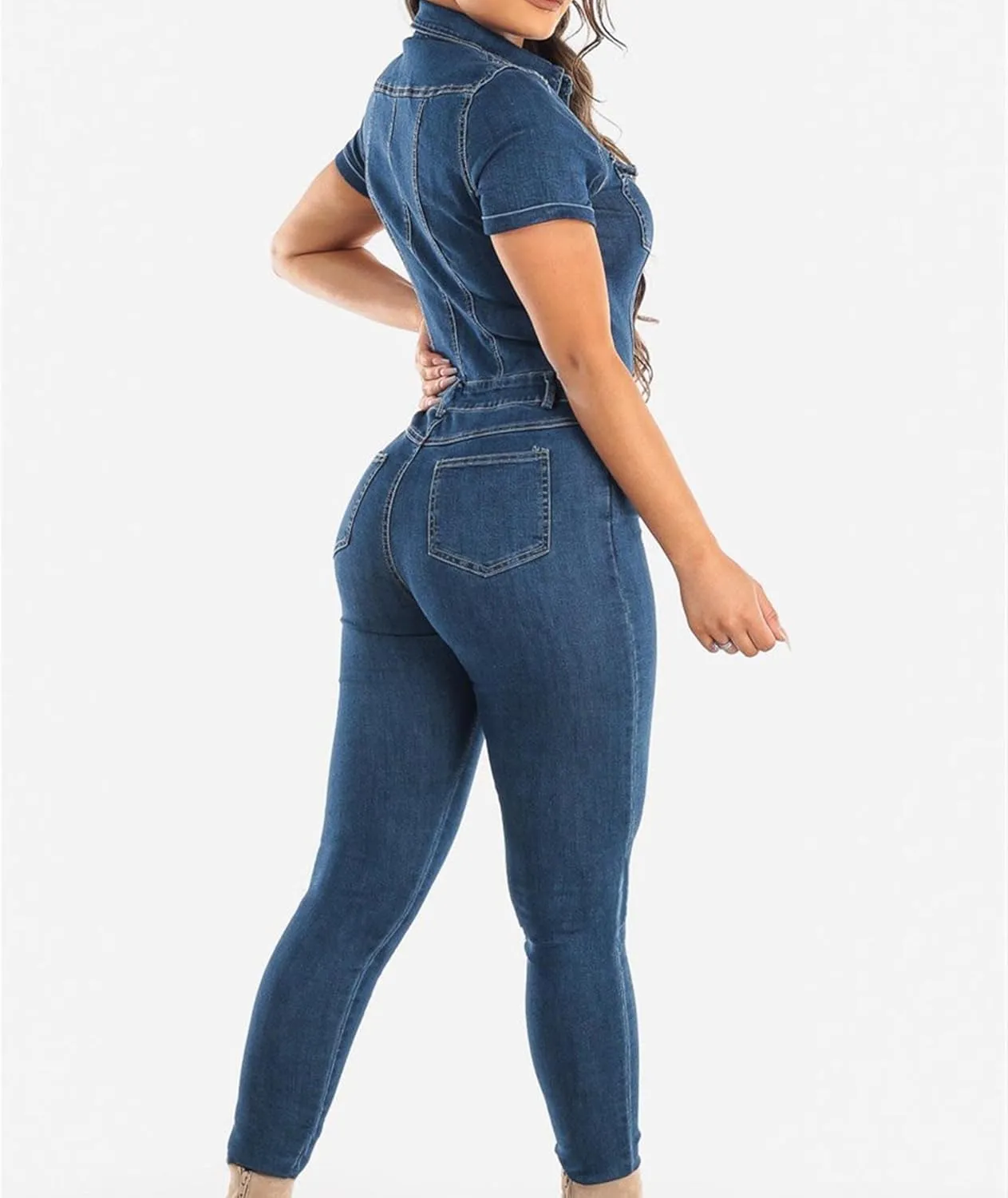 ECDAHICC Womens Sexy Short Sleeve Night Club Denim Jumpsuits Rompers Mini Shorts One Piece Stretchy Rompers with Pocket