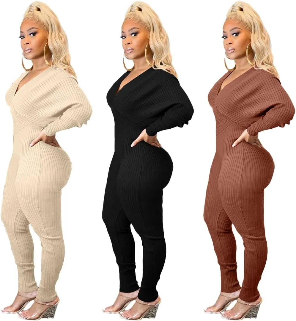 ECHOINE Womens Sexy V Neck Jumpsuits Ribbed Knit Long Sleeve Bodycon One Piece Outfits Off Shoulder Club Outfits S XXL