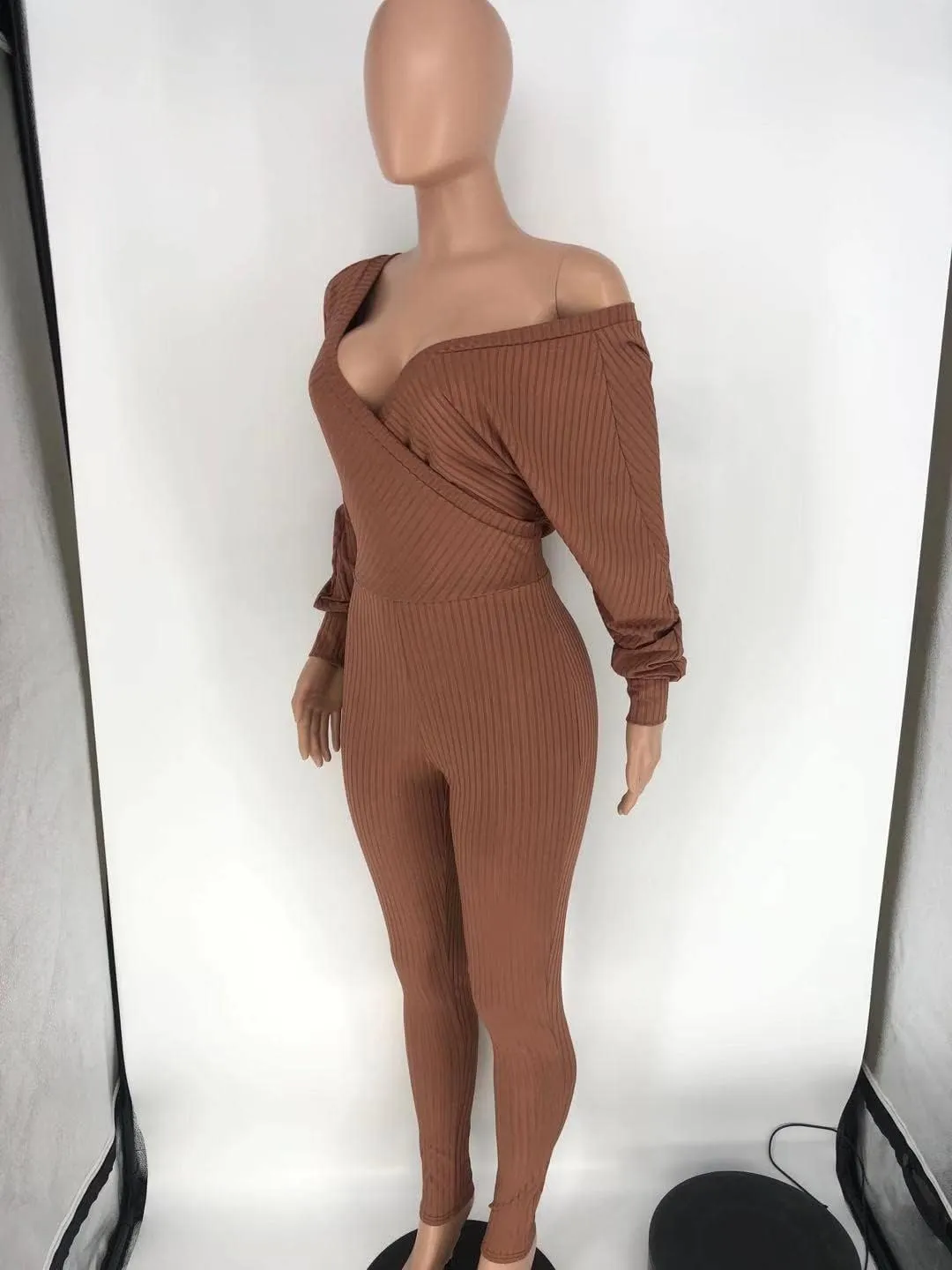 ECHOINE Womens Sexy V Neck Jumpsuits Ribbed Knit Long Sleeve Bodycon One Piece Outfits Off Shoulder Club Outfits S XXL