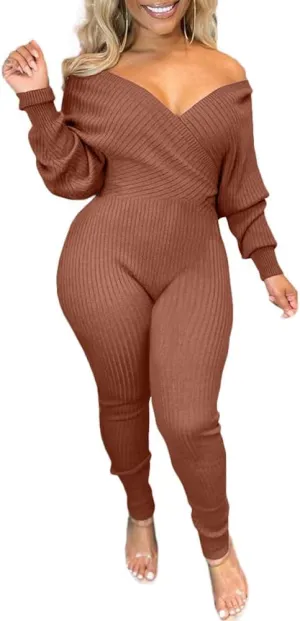 ECHOINE Womens Sexy V Neck Jumpsuits Ribbed Knit Long Sleeve Bodycon One Piece Outfits Off Shoulder Club Outfits S XXL