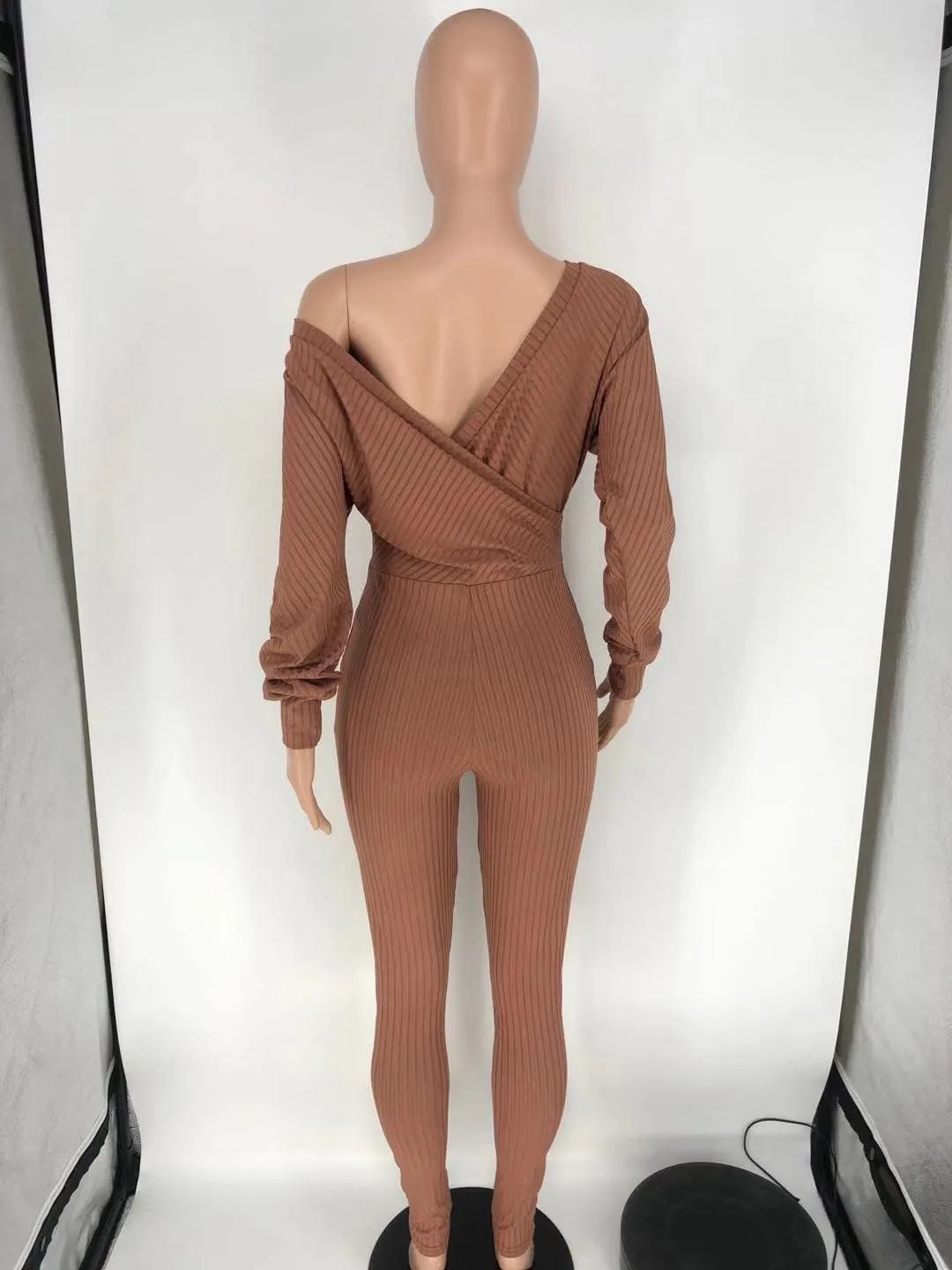 ECHOINE Womens Sexy V Neck Jumpsuits Ribbed Knit Long Sleeve Bodycon One Piece Outfits Off Shoulder Club Outfits S XXL