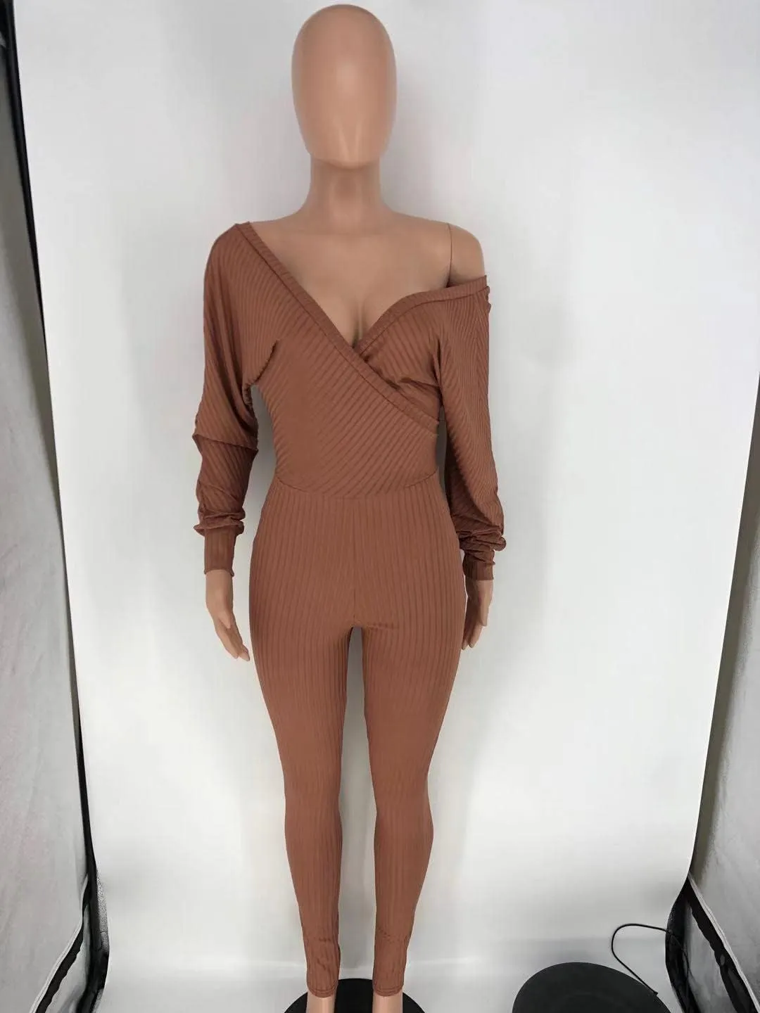 ECHOINE Womens Sexy V Neck Jumpsuits Ribbed Knit Long Sleeve Bodycon One Piece Outfits Off Shoulder Club Outfits S XXL