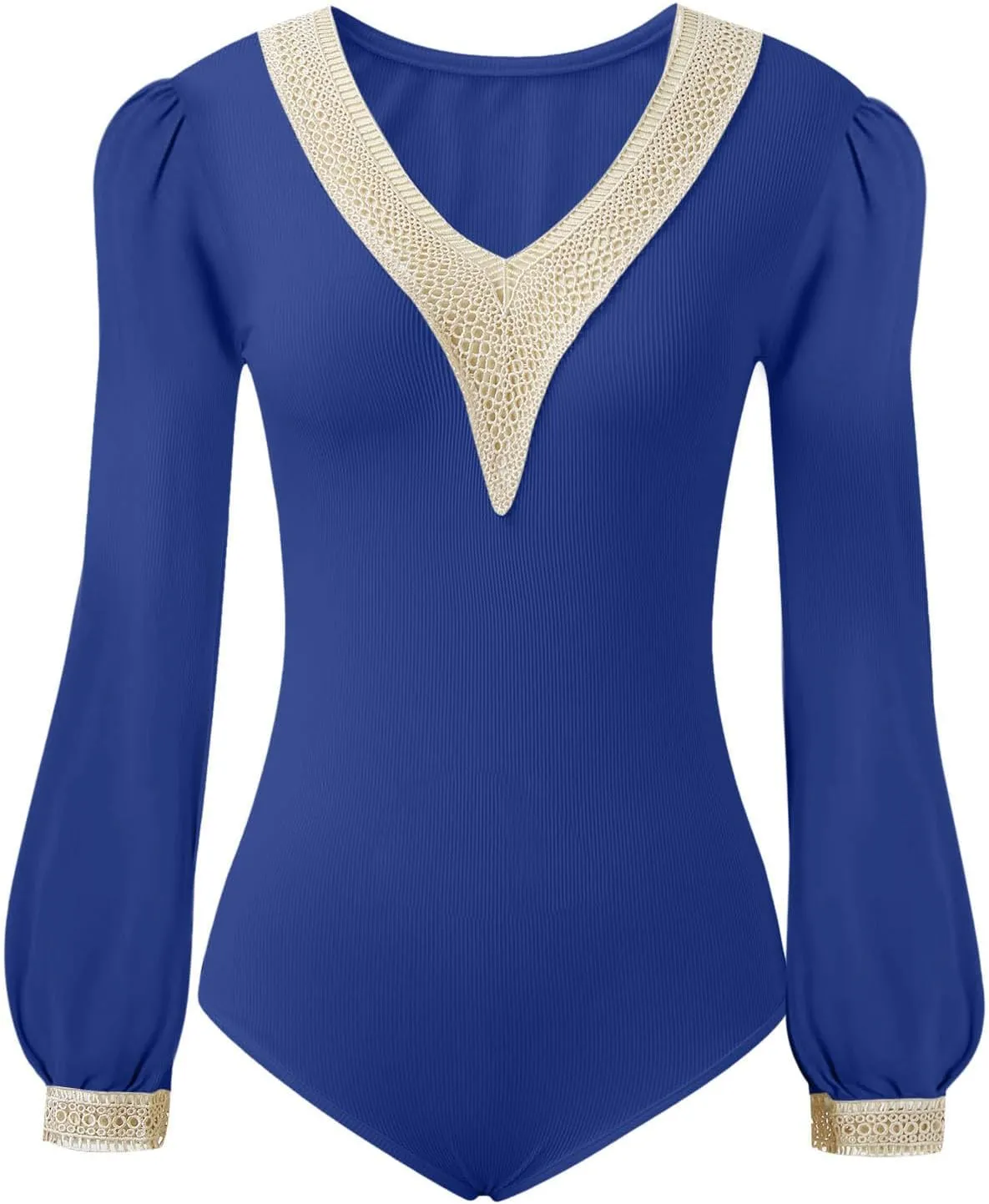 Elegant Bodysuits for Women Lace Trimmed V Neck Leotard Tops Lantern Sleeve Long Sleeve Bodysuit Jumpsuit Romper