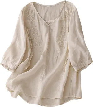 Embroidered Tops for Women Summer Mexican V Neck Blouses Fashion Cotton Linen Short Sleeve Shirt Boho Tees