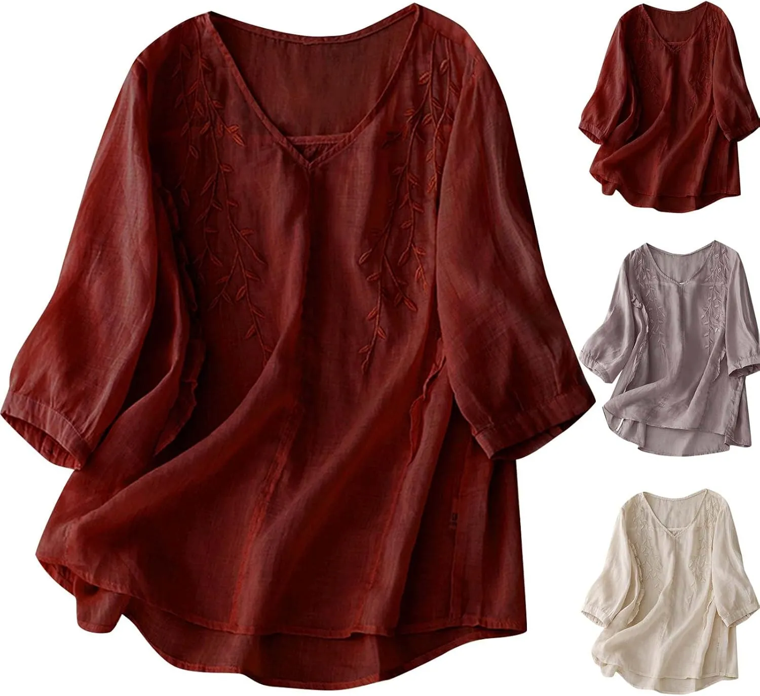 Embroidered Tops for Women Summer Mexican V Neck Blouses Fashion Cotton Linen Short Sleeve Shirt Boho Tees