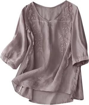 Embroidered Tops for Women Summer Mexican V Neck Blouses Fashion Cotton Linen Short Sleeve Shirt Boho Tees