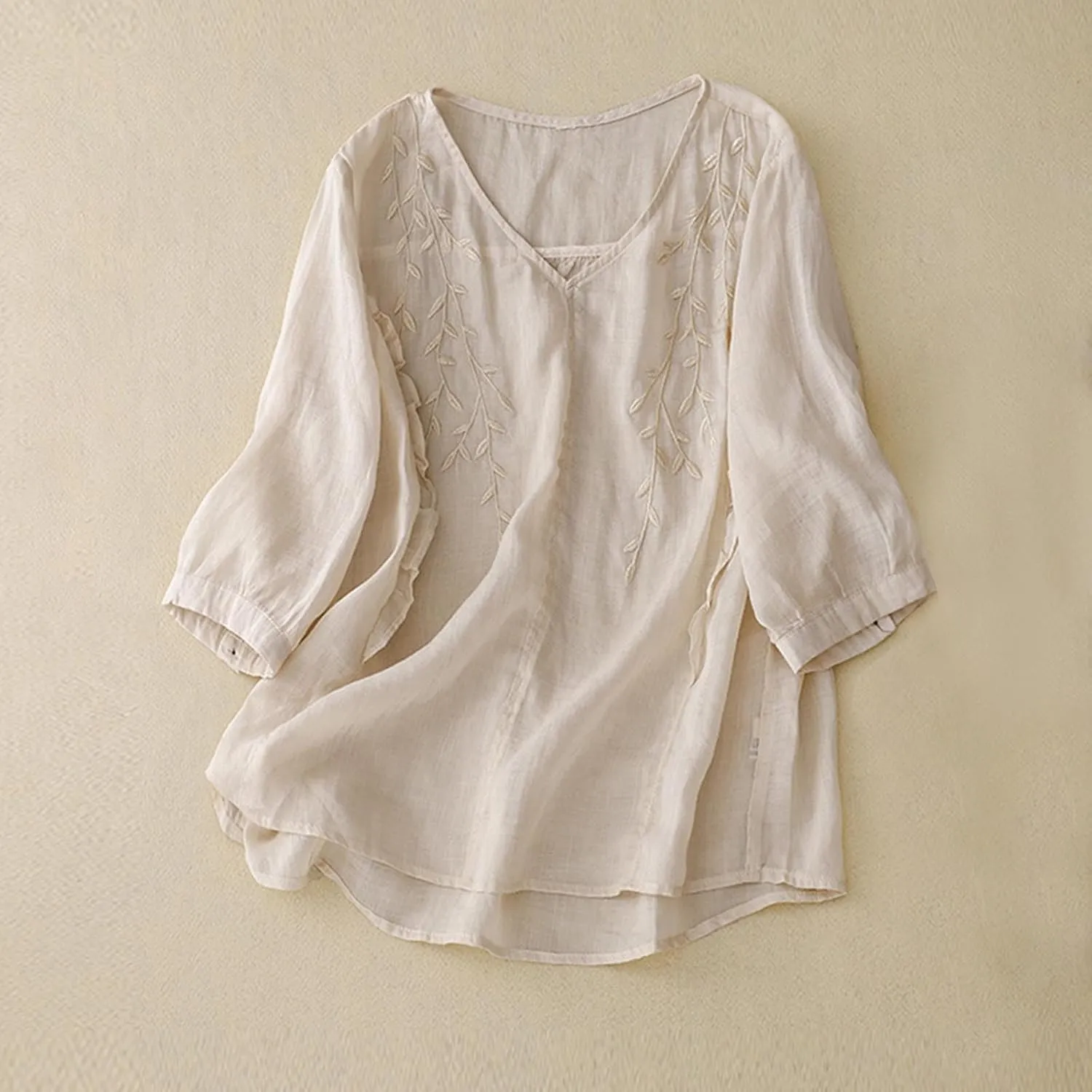 Embroidered Tops for Women Summer Mexican V Neck Blouses Fashion Cotton Linen Short Sleeve Shirt Boho Tees