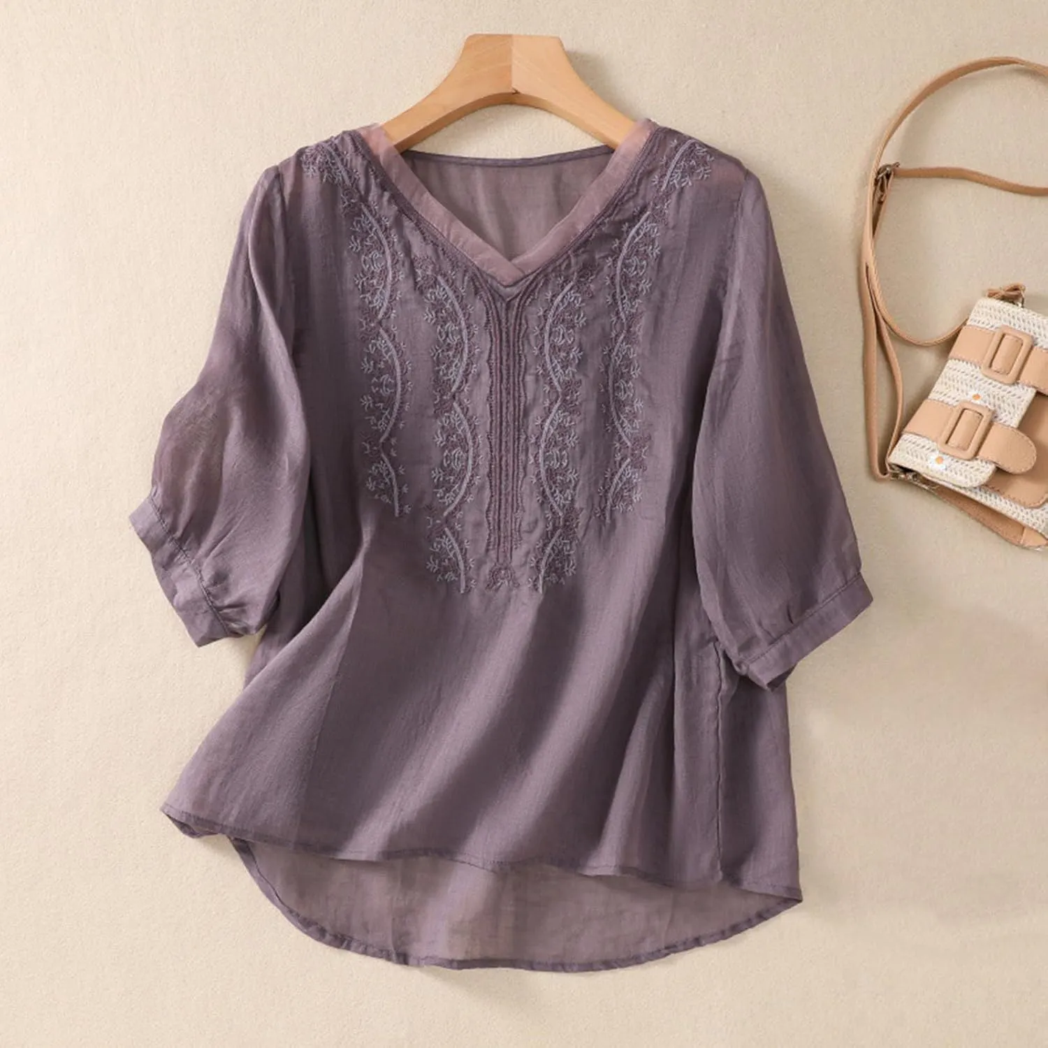 Embroidered Tops for Women Summer Mexican V Neck Blouses Fashion Cotton Linen Short Sleeve Shirt Boho Tees