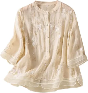 Embroidery Tops for Women Casual Mexican Cotton Linen Blouse Boho Short Sleeve Tshirt Summer Fiesta Shirts