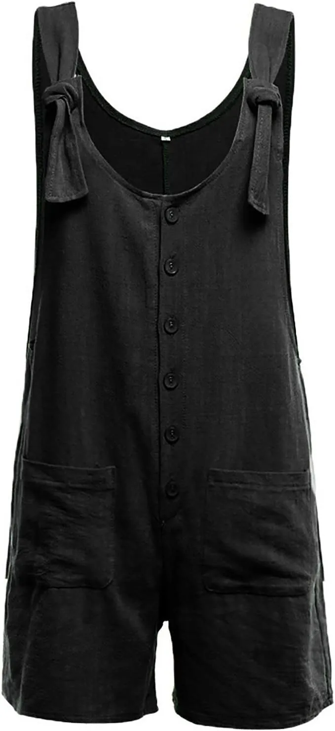 eoeioa Linen Short Rompers for Women Summer Adjustable Strap Button Down Jumpsuits Loose Casual Hot Shot Romper with Pockets