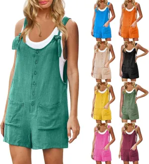eoeioa Linen Short Rompers for Women Summer Adjustable Strap Button Down Jumpsuits Loose Casual Hot Shot Romper with Pockets