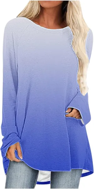 Fall Long Sleeve Tunic Tops for Womens 2024 Trendy Casual Gradient Color Shirts Loose Fit Flowy Pullover Blouse