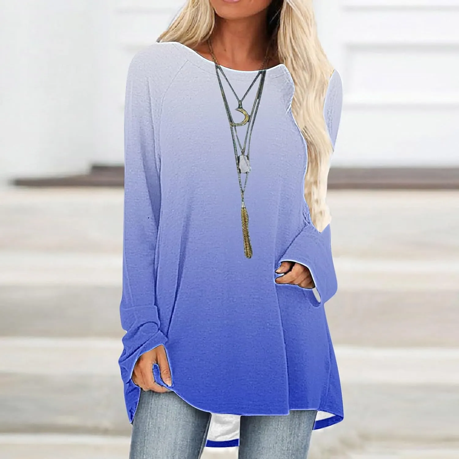 Fall Long Sleeve Tunic Tops for Womens 2024 Trendy Casual Gradient Color Shirts Loose Fit Flowy Pullover Blouse