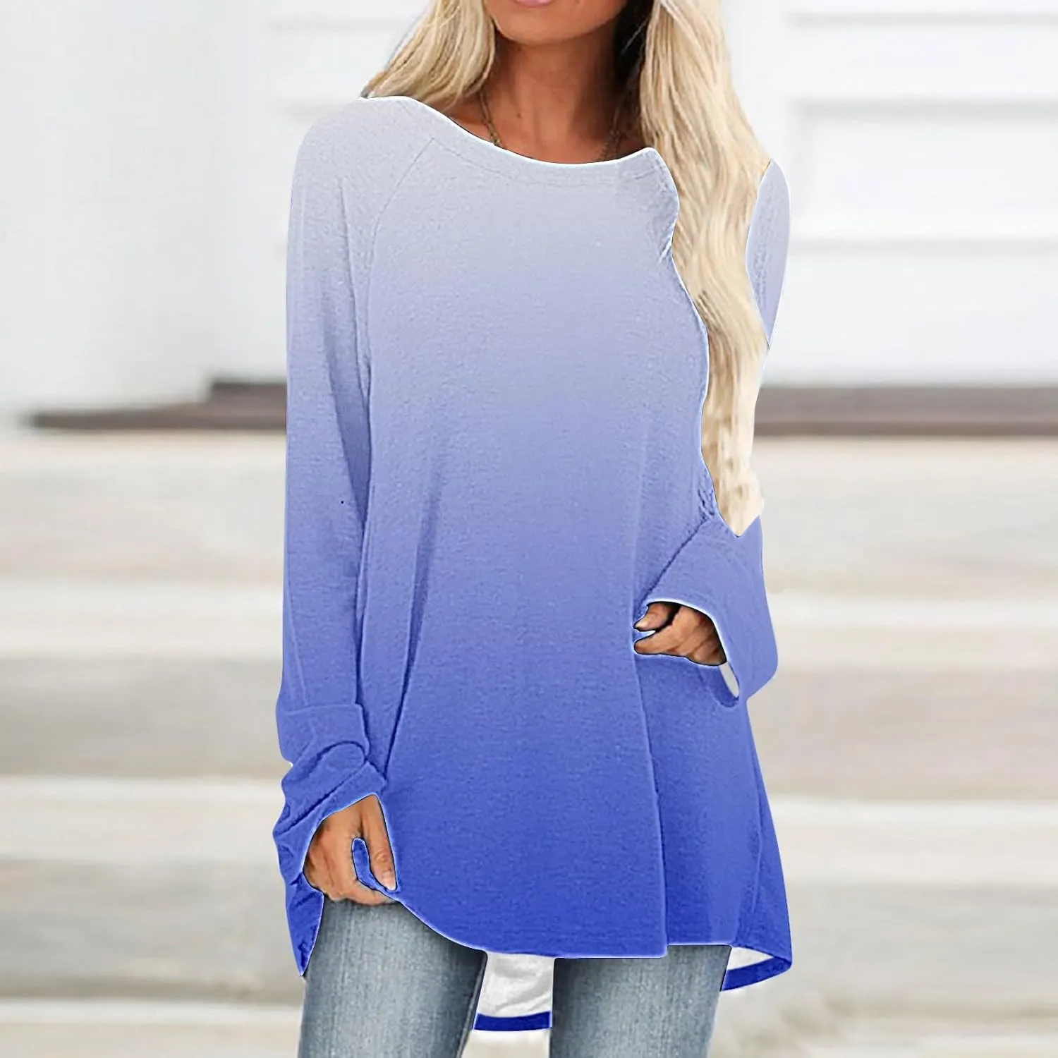 Fall Long Sleeve Tunic Tops for Womens 2024 Trendy Casual Gradient Color Shirts Loose Fit Flowy Pullover Blouse