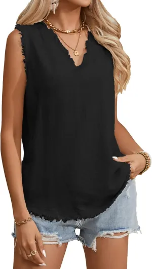 Famulily Womens Sleeveless Ruffled V Neck Tops Summer Linen Tank Tops Solid Color Raw Edge Hem Camisoles