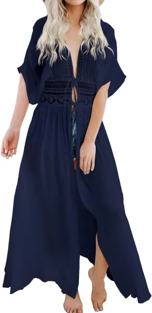 FANCYINN Womens Long Lace Cover up Sheer Bikini Coverups Kimono Tie Front Bathing Suit Swimsuit Beachwear