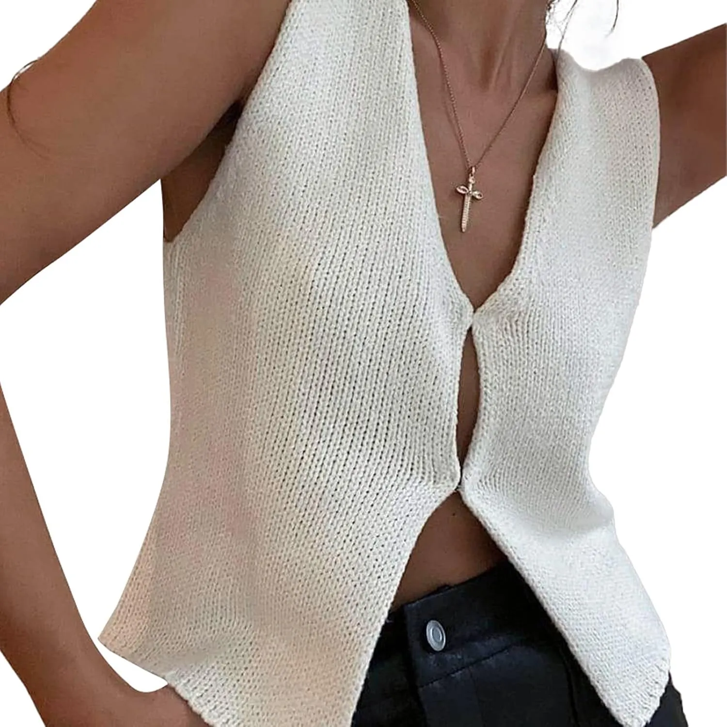 Faretumiya Women Y2k Button Down Crochet Knit Vest Sleeveless Hollow Out Crop Tops Vintage Casual V-Neck Versatile Streetwear