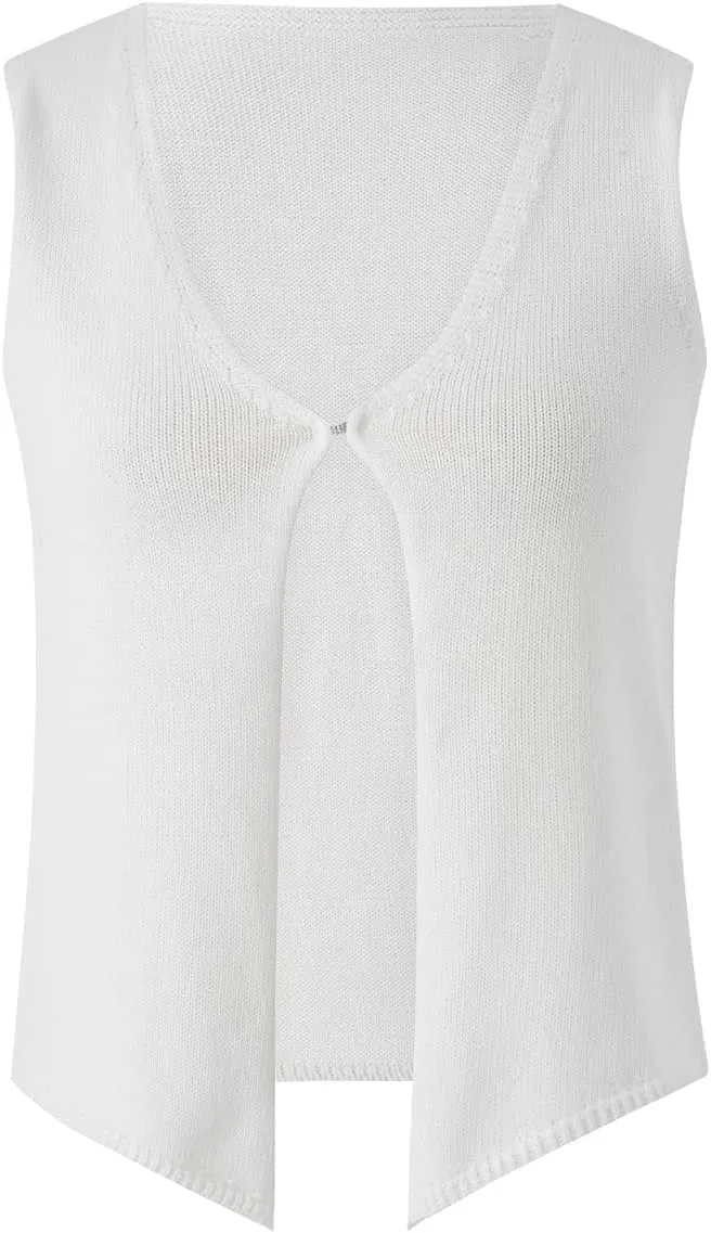 Faretumiya Women Y2k Button Down Crochet Knit Vest Sleeveless Hollow Out Crop Tops Vintage Casual V-Neck Versatile Streetwear