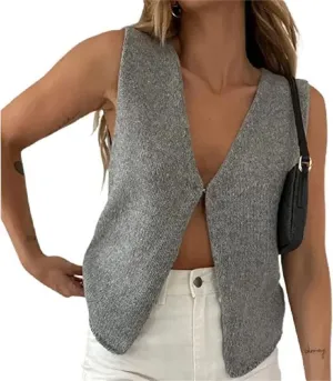 Faretumiya Women Y2k Button Down Crochet Knit Vest Sleeveless Hollow Out Crop Tops Vintage Casual V-Neck Versatile Streetwear
