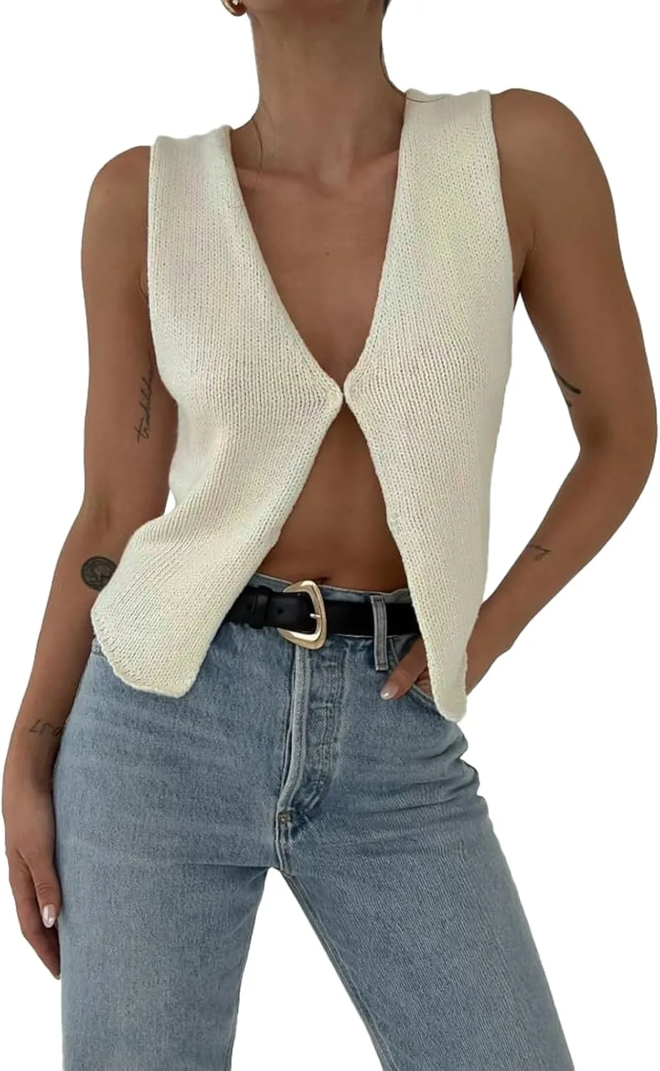 Faretumiya Women Y2k Button Down Crochet Knit Vest Sleeveless Hollow Out Crop Tops Vintage Casual V-Neck Versatile Streetwear