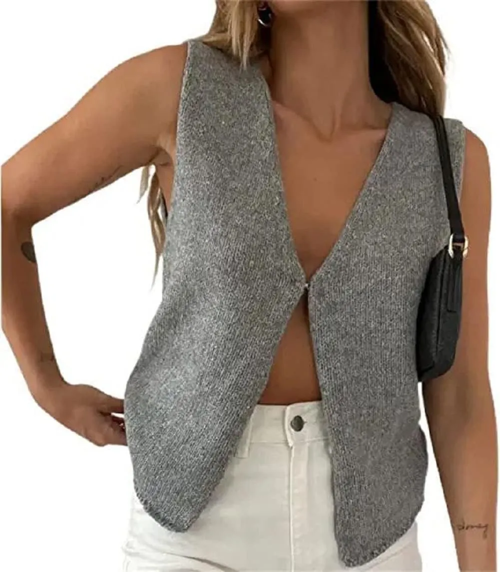 Faretumiya Women Y2k Button Down Crochet Knit Vest Sleeveless Hollow Out Crop Tops Vintage Casual V-Neck Versatile Streetwear
