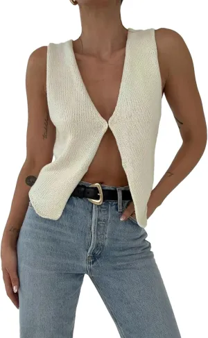 Faretumiya Women Y2k Button Down Crochet Knit Vest Sleeveless Hollow Out Crop Tops Vintage Casual V-Neck Versatile Streetwear