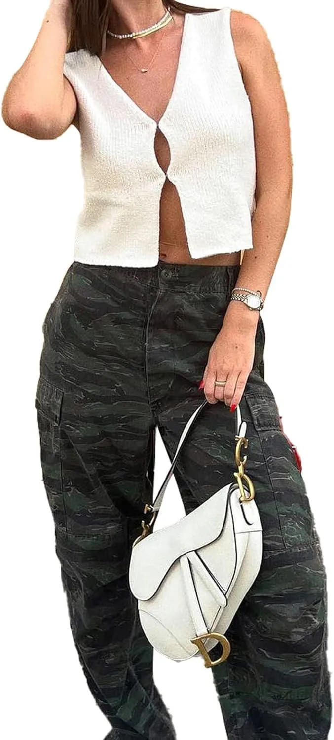 Faretumiya Women Y2k Button Down Crochet Knit Vest Sleeveless Hollow Out Crop Tops Vintage Casual V-Neck Versatile Streetwear
