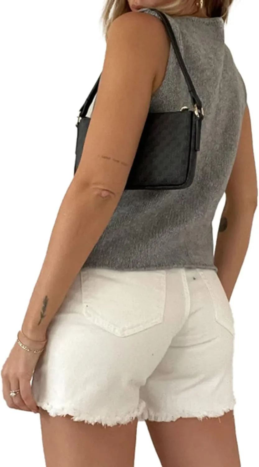 Faretumiya Women Y2k Button Down Crochet Knit Vest Sleeveless Hollow Out Crop Tops Vintage Casual V-Neck Versatile Streetwear