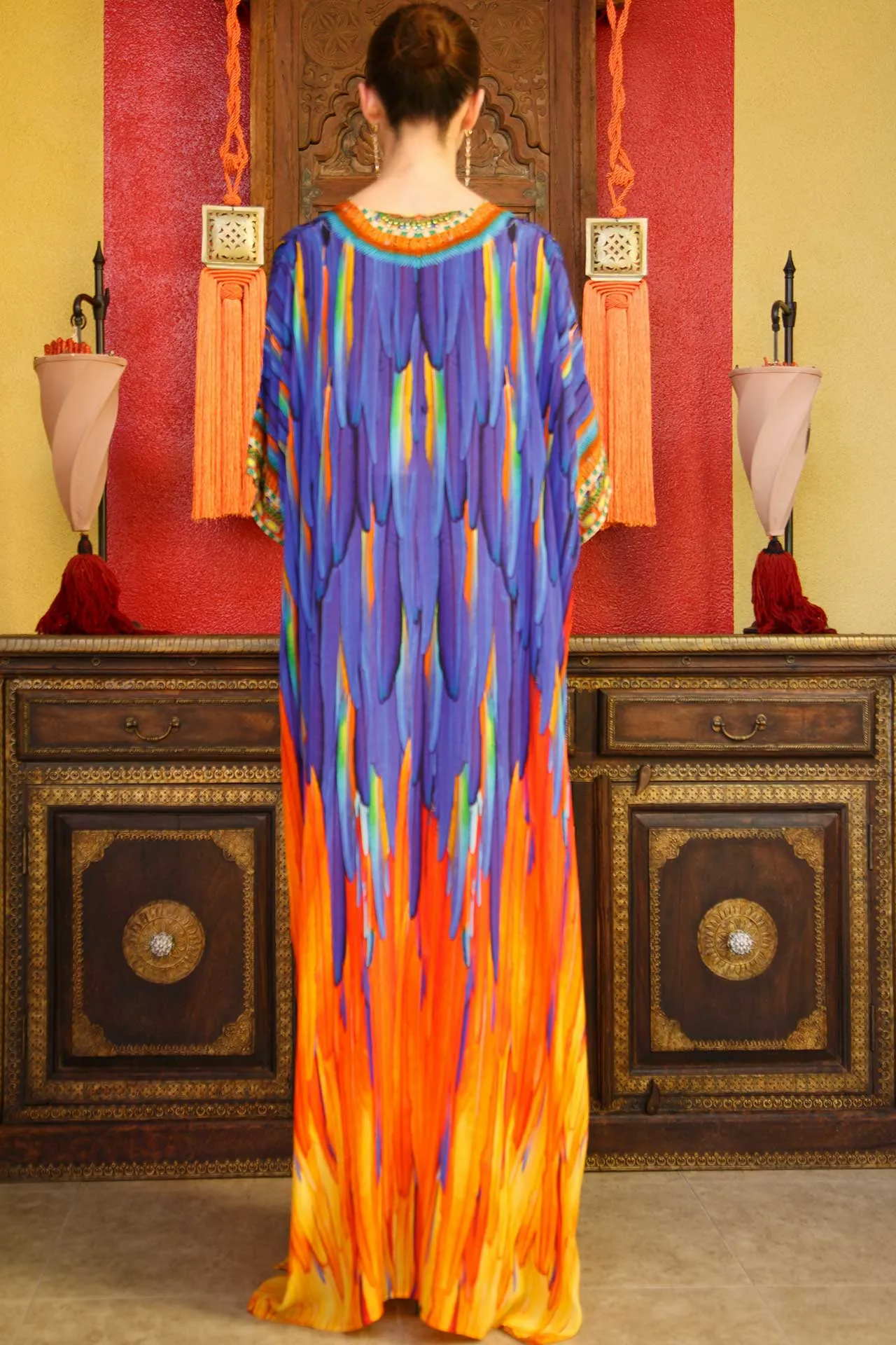 Feather Print Kaftan Maxi